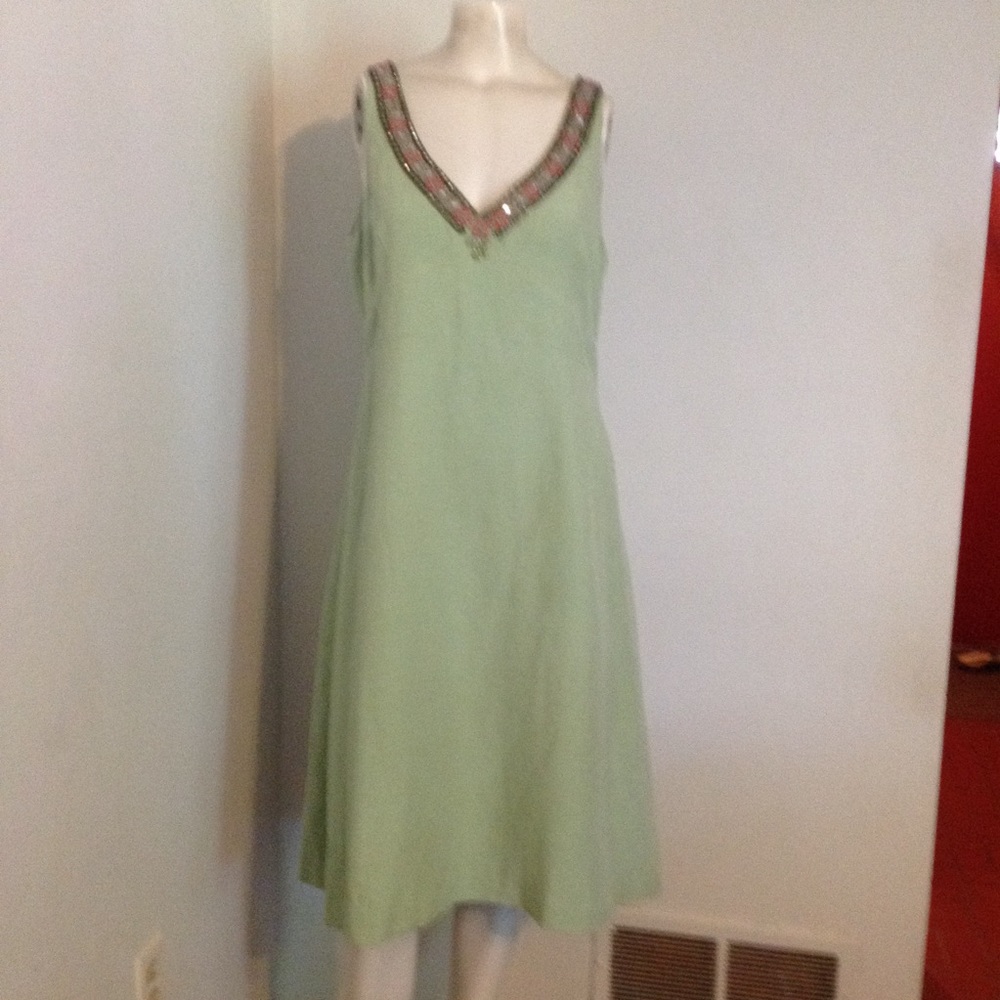 Boden Green Sleeveless Dress with Embellished Neckline